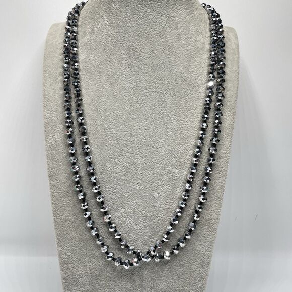 Silver Metallic 7mm Rondelle Faceted Cut Crystal Glass Bead 54" Boho Sparkly - Picture 2 of 7